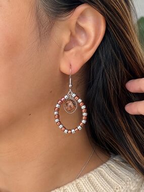 Handcrafted Rusty Red & Silver Bead Hoop Earrings with Leopard Jasper 8MM Stone